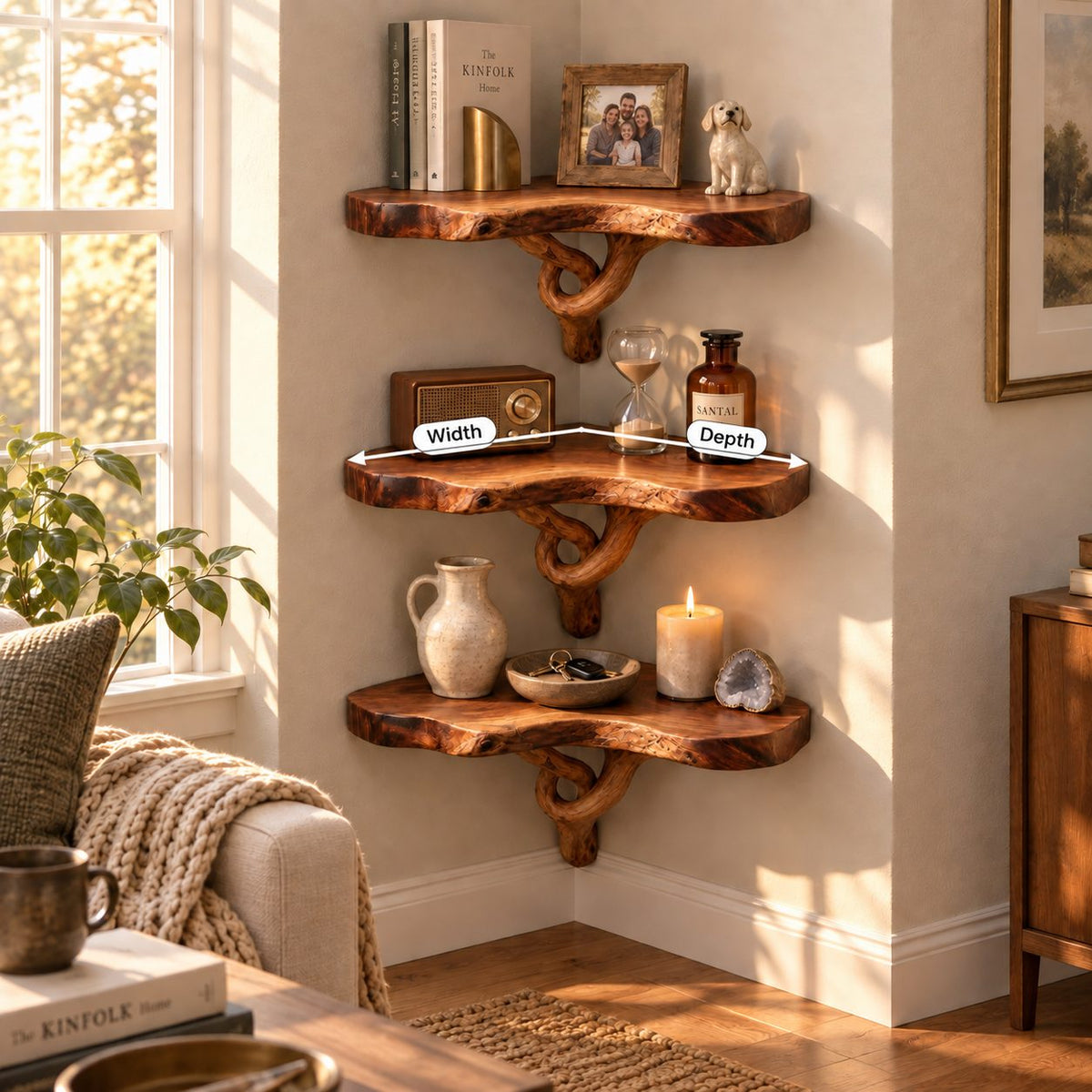 Driftwood Branch Corner Shelf, Solid Wood Live-Edge Floating Corner Bookshelf for Living Room & Bedroom