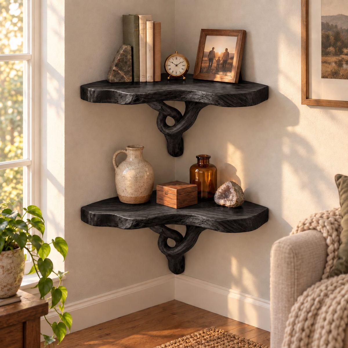 Driftwood Branch Corner Shelf, Solid Wood Live-Edge Floating Corner Bookshelf for Living Room & Bedroom