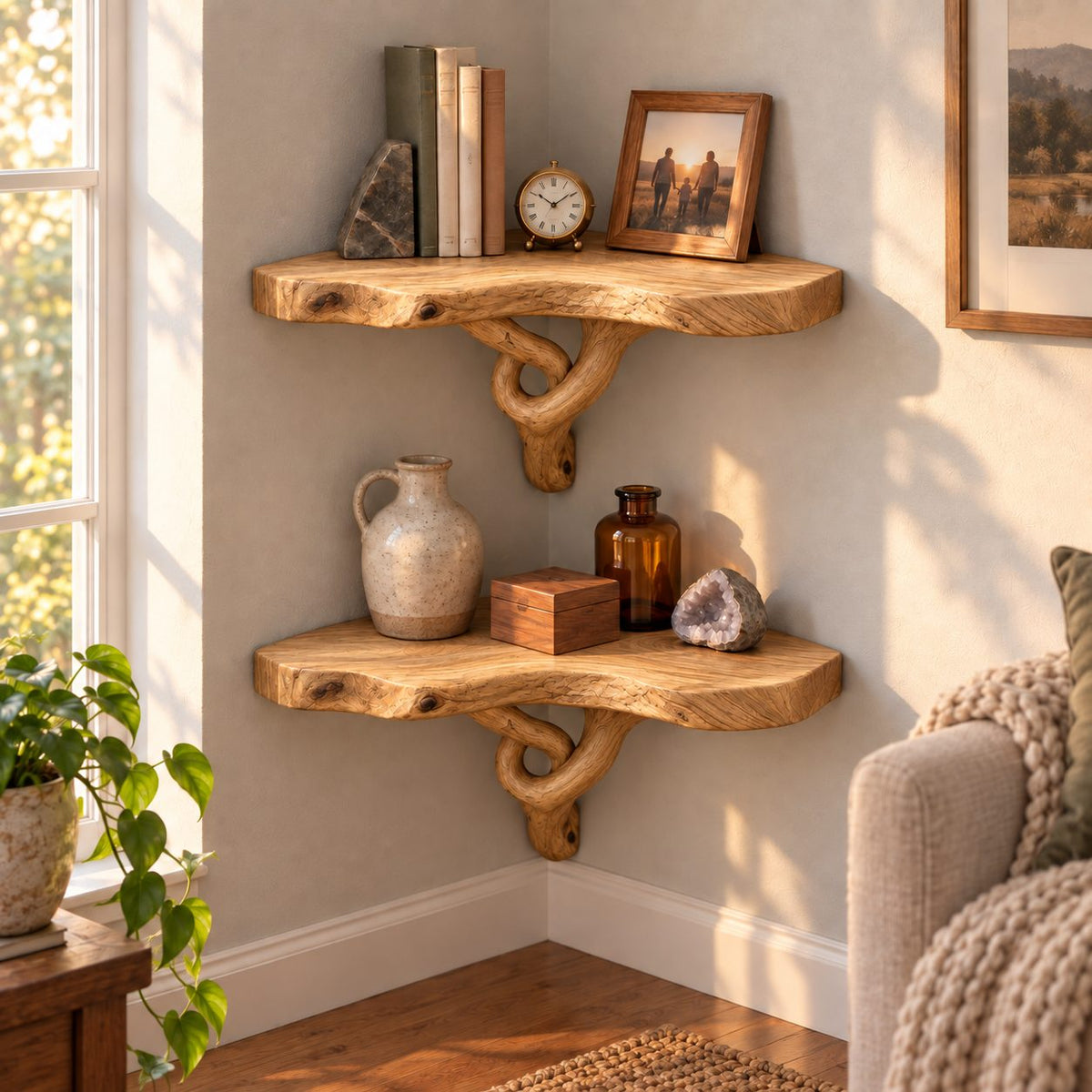 Driftwood Branch Corner Shelf, Solid Wood Live-Edge Floating Corner Bookshelf for Living Room & Bedroom