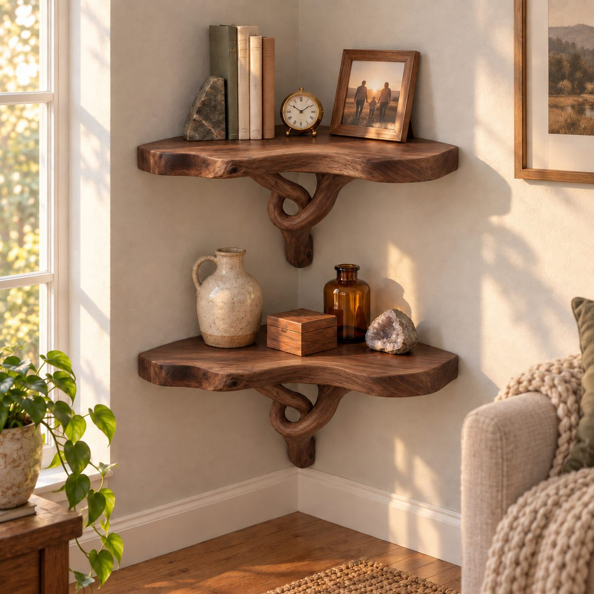 Driftwood Branch Corner Shelf, Solid Wood Live-Edge Floating Corner Bookshelf for Living Room & Bedroom