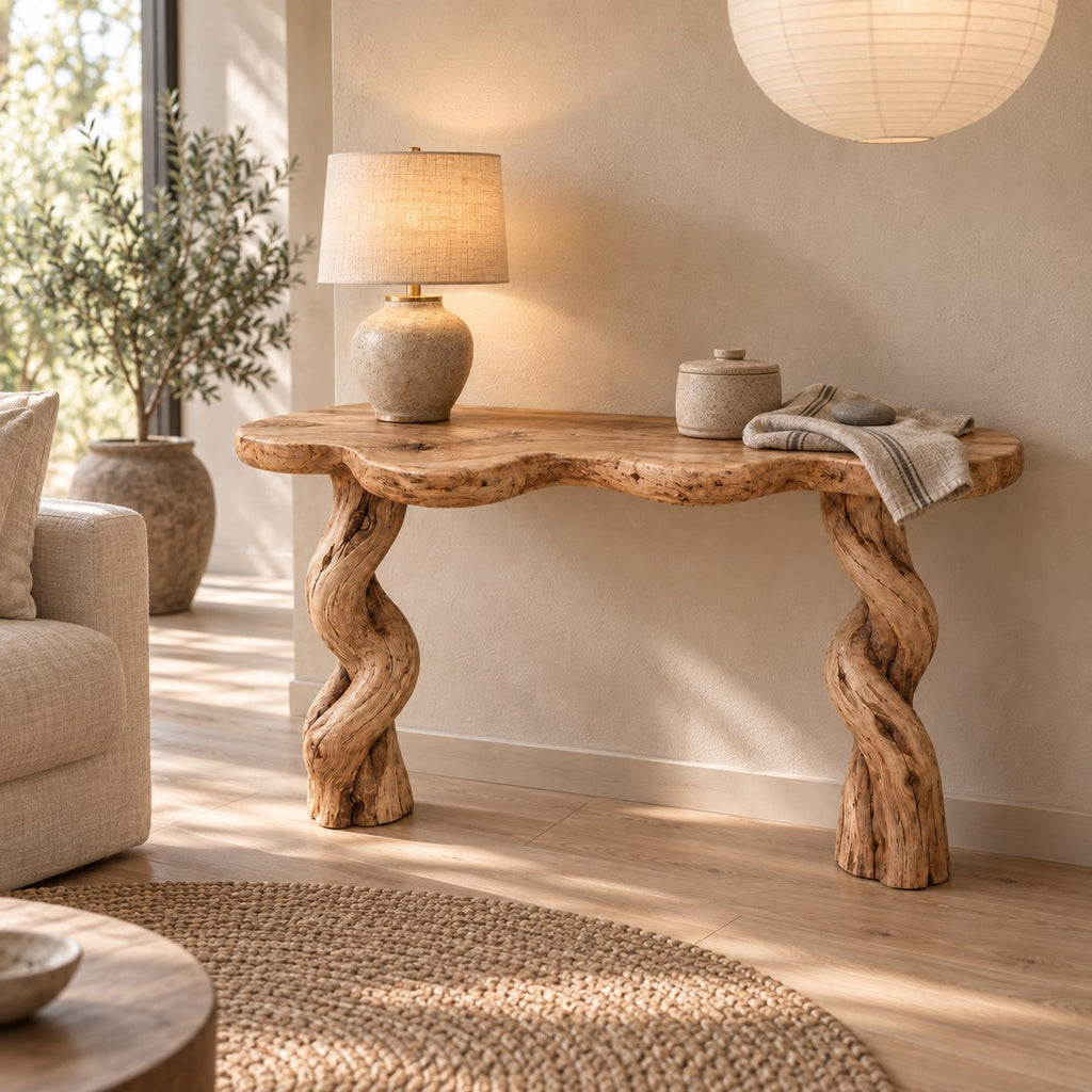 Twisted-Leg Solid Wood Console Table, Live Edge Rustic Entryway Console Table for Hallway & Living Room