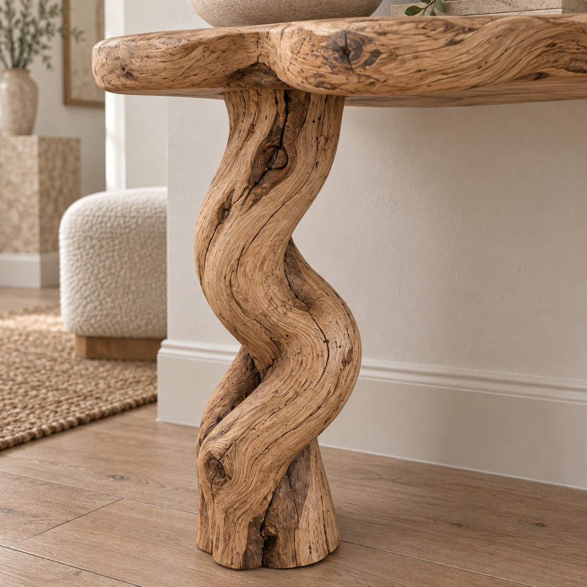 Twisted-Leg Solid Wood Console Table, Live Edge Rustic Entryway Console Table for Hallway & Living Room