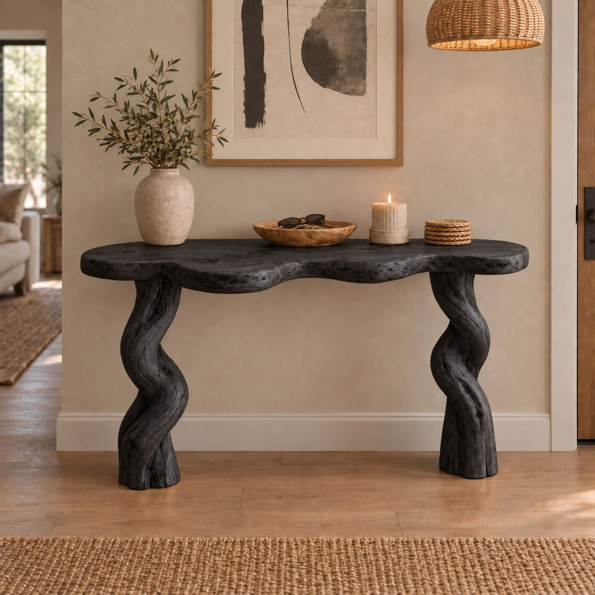 Twisted-Leg Solid Wood Console Table, Live Edge Rustic Entryway Console Table for Hallway & Living Room