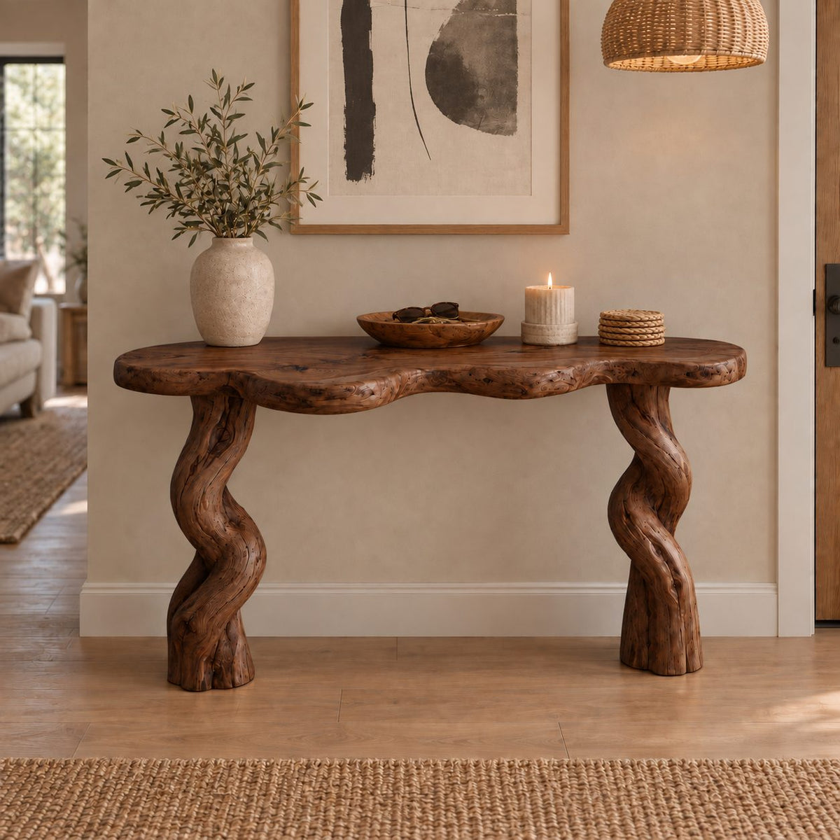 Twisted-Leg Solid Wood Console Table, Live Edge Rustic Entryway Console Table for Hallway & Living Room