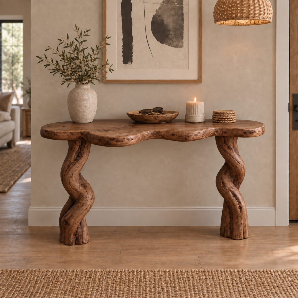 Twisted-Leg Solid Wood Console Table, Live Edge Rustic Entryway Console Table for Hallway & Living Room