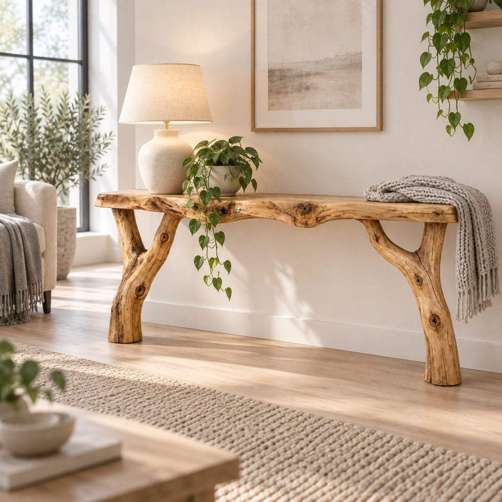 Branch-Fork Solid Wood Console Table, Live Edge Rustic Entryway Console Table, Slim Hallway Sofa Table