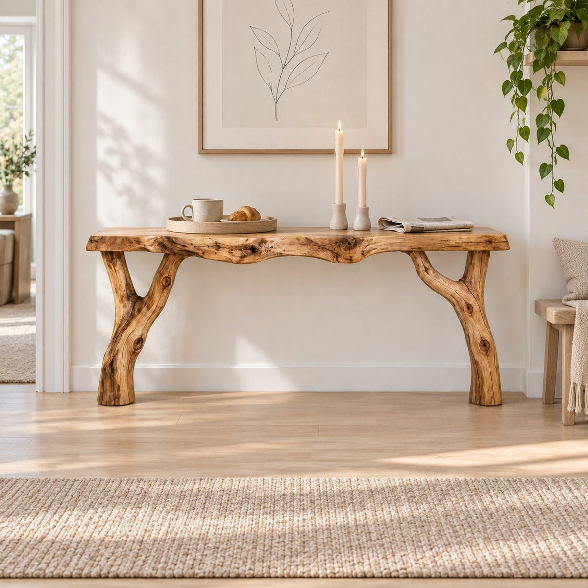 Branch-Fork Solid Wood Console Table, Live Edge Rustic Entryway Console Table, Slim Hallway Sofa Table