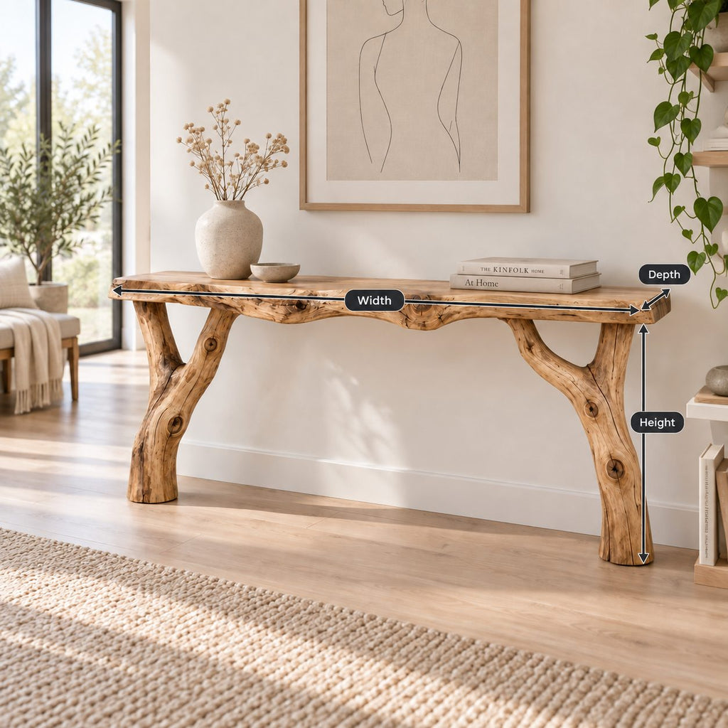 Branch-Fork Solid Wood Console Table, Live Edge Rustic Entryway Console Table, Slim Hallway Sofa Table