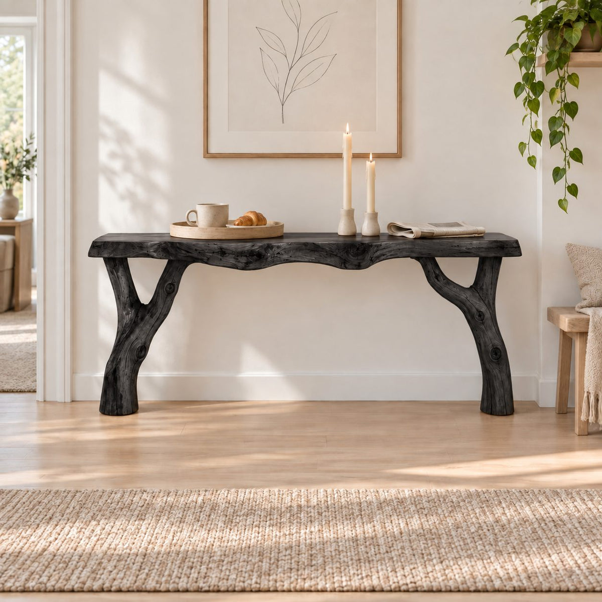 Branch-Fork Solid Wood Console Table, Live Edge Rustic Entryway Console Table, Slim Hallway Sofa Table
