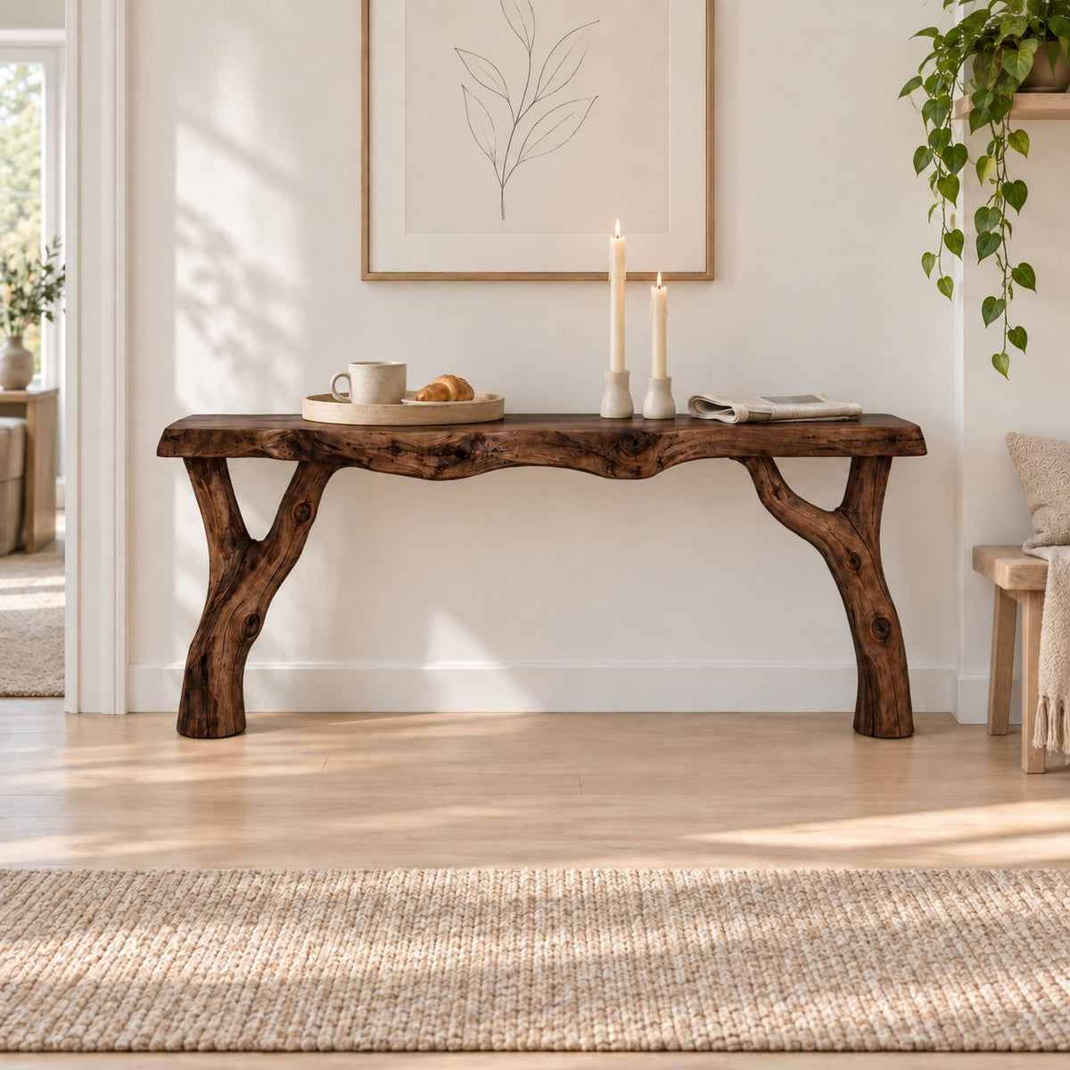 Branch-Fork Solid Wood Console Table, Live Edge Rustic Entryway Console Table, Slim Hallway Sofa Table