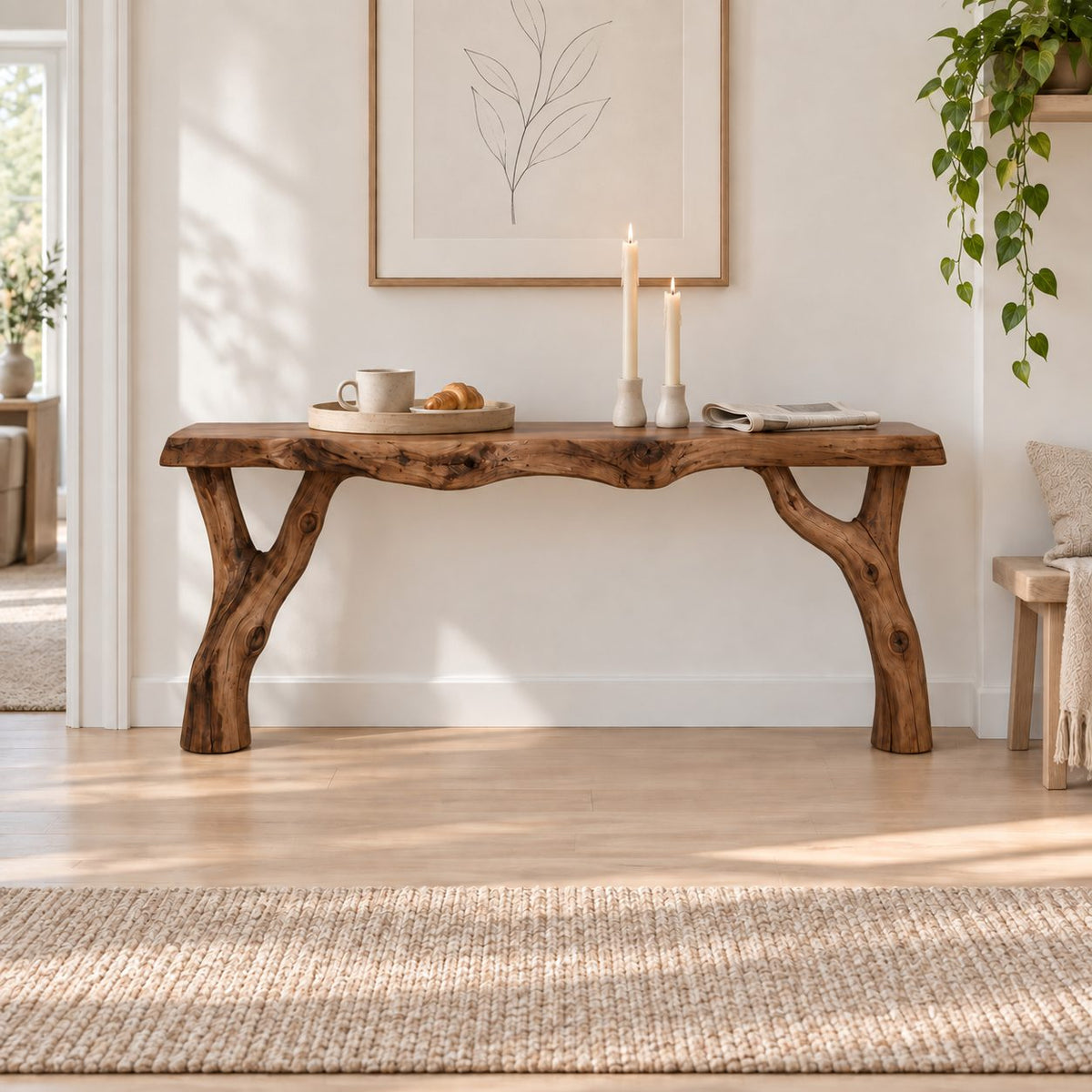 Branch-Fork Solid Wood Console Table, Live Edge Rustic Entryway Console Table, Slim Hallway Sofa Table