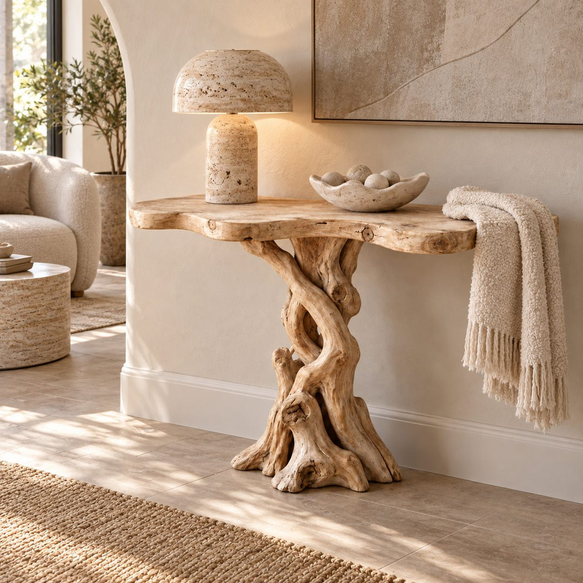 Braided-Root Solid Wood Console Table, Sculptural Live Edge Driftwood Sofa Table for Entryway & Hallway