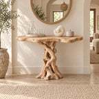 Braided-Root Solid Wood Console Table, Sculptural Live Edge Driftwood Sofa Table for Entryway & Hallway