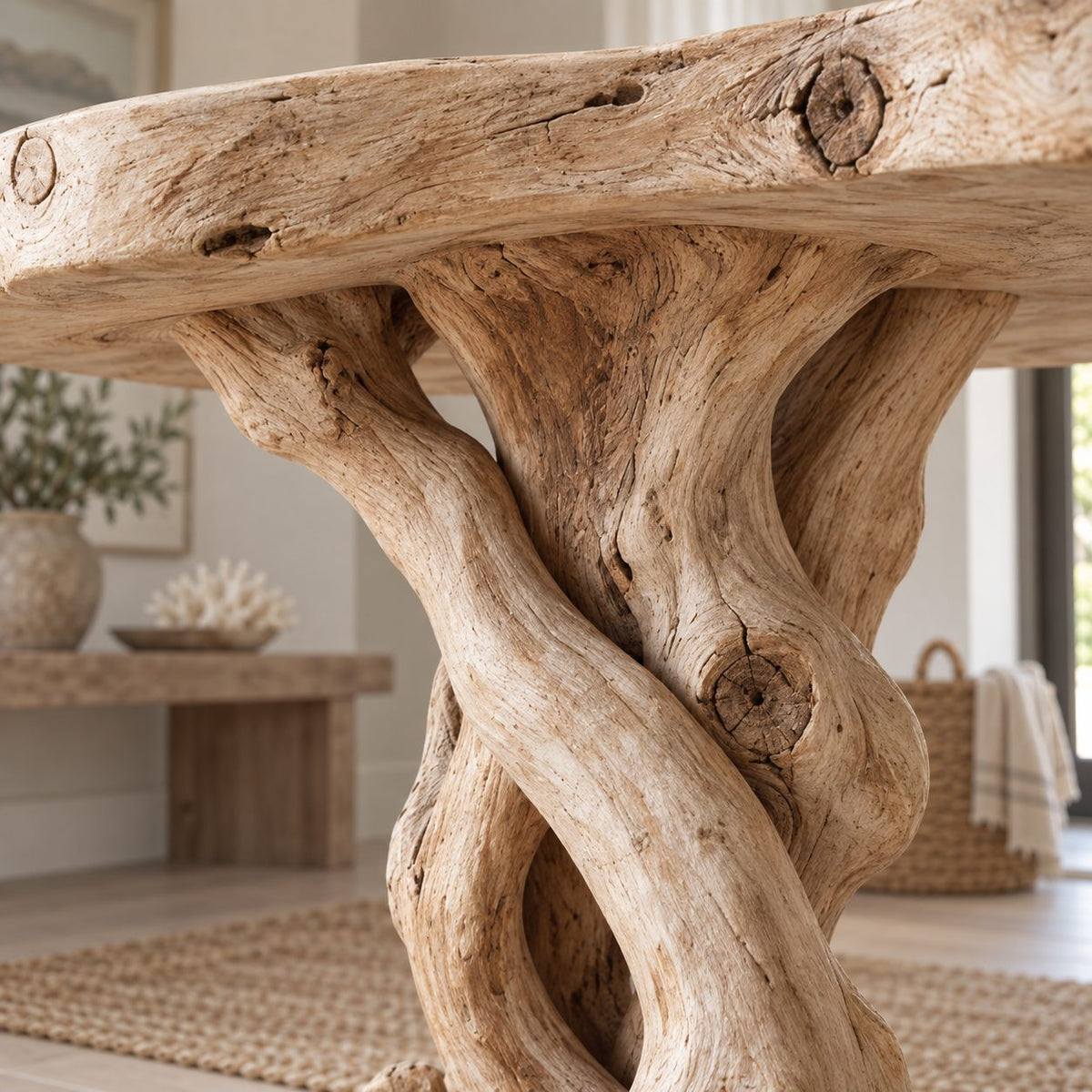 Braided-Root Solid Wood Console Table, Sculptural Live Edge Driftwood Sofa Table for Entryway & Hallway