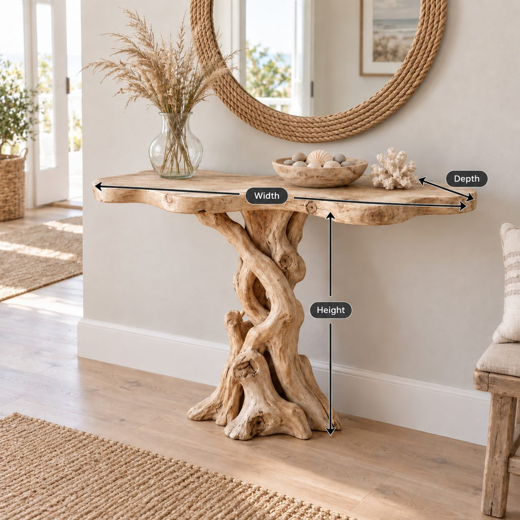 Braided-Root Solid Wood Console Table, Sculptural Live Edge Driftwood Sofa Table for Entryway & Hallway