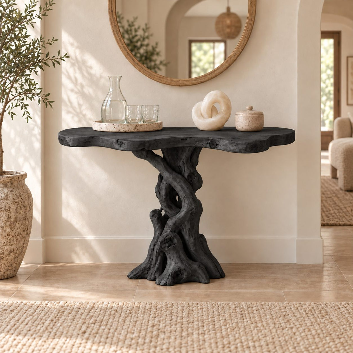 Braided-Root Solid Wood Console Table, Sculptural Live Edge Driftwood Sofa Table for Entryway & Hallway