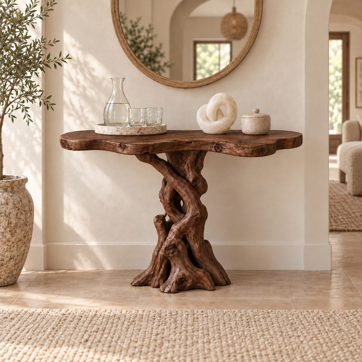 Braided-Root Solid Wood Console Table, Sculptural Live Edge Driftwood Sofa Table for Entryway & Hallway