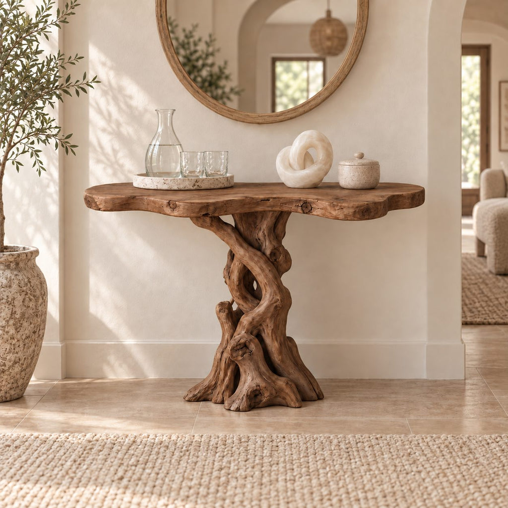 Braided-Root Solid Wood Console Table, Sculptural Live Edge Driftwood Sofa Table for Entryway & Hallway