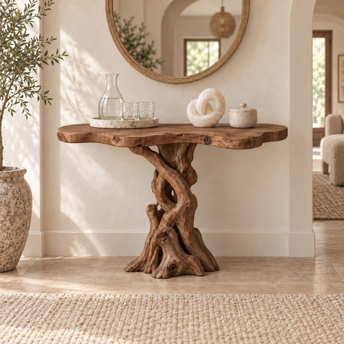 Braided-Root Solid Wood Console Table, Sculptural Live Edge Driftwood Sofa Table for Entryway & Hallway