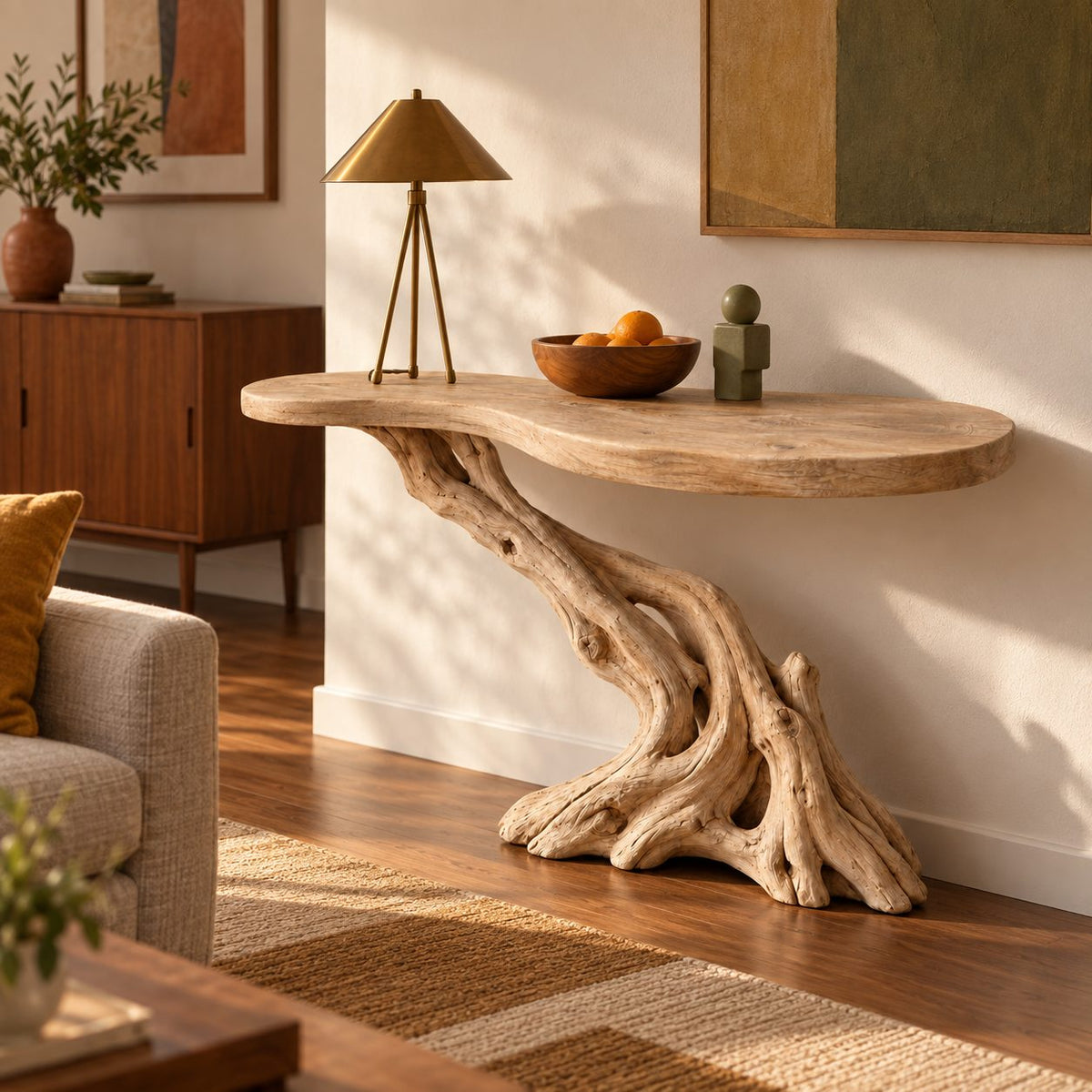 Cantilever-Root Solid Wood Console Table, Live Edge Rustic Driftwood Entryway Console Table, Narrow Sofa Table