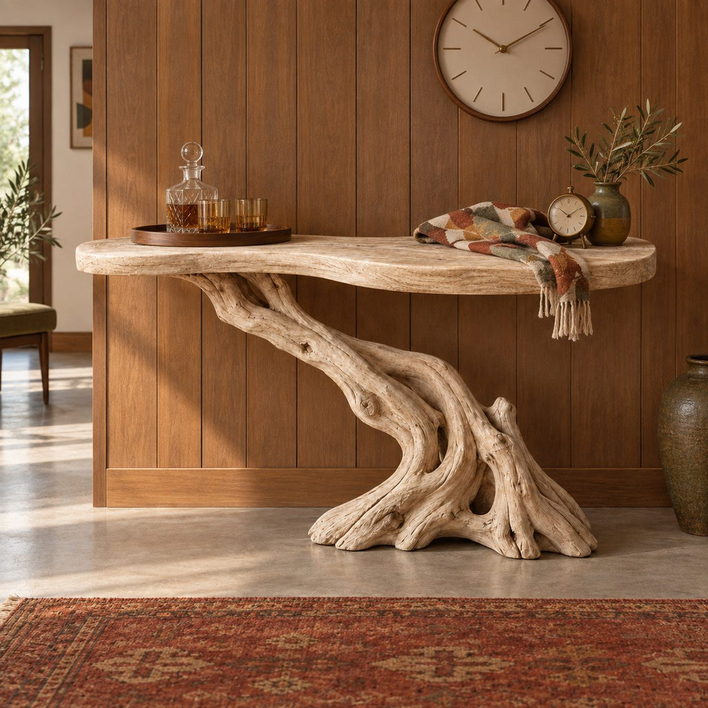 Cantilever-Root Solid Wood Console Table, Live Edge Rustic Driftwood Entryway Console Table, Narrow Sofa Table