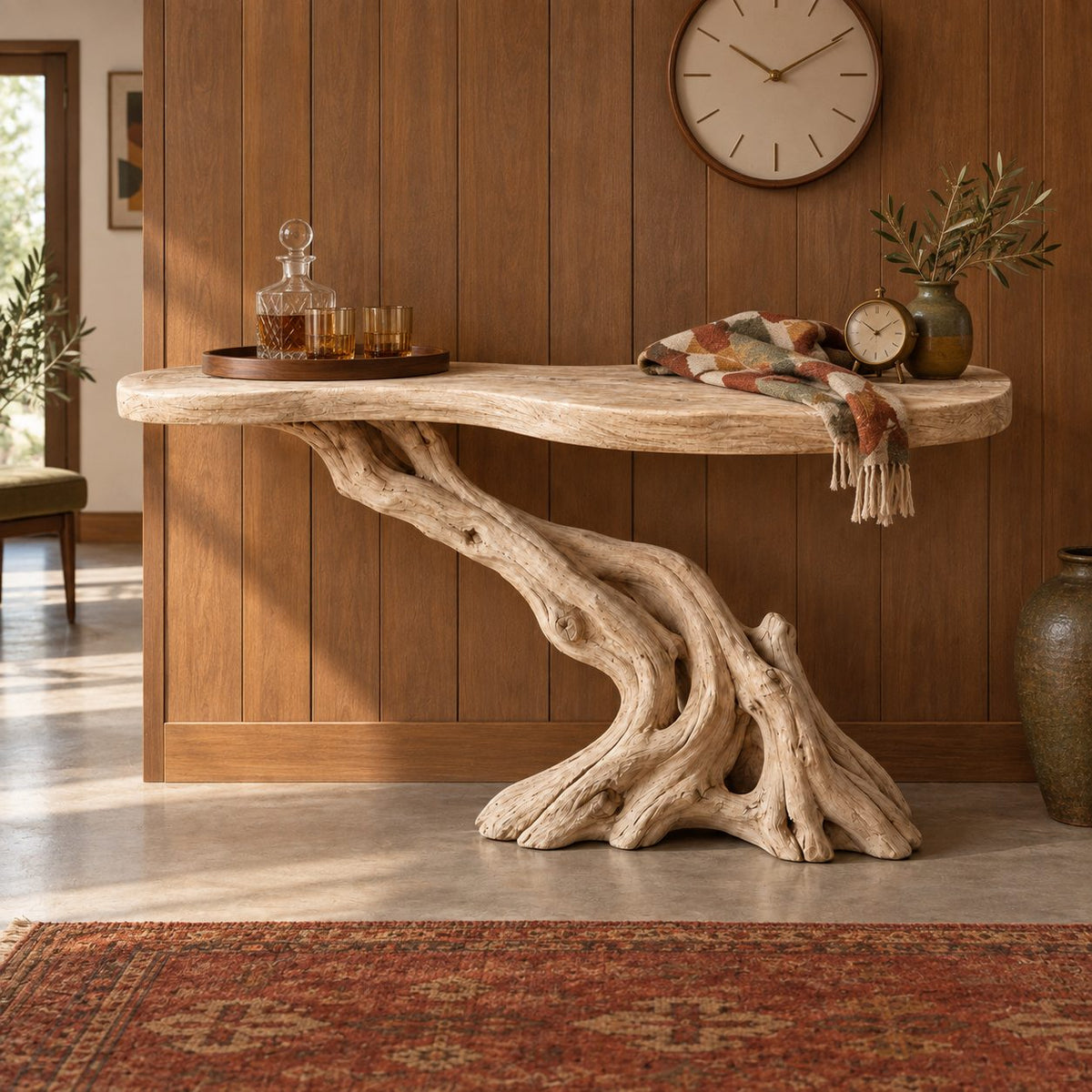 Cantilever-Root Solid Wood Console Table, Live Edge Rustic Driftwood Entryway Console Table, Narrow Sofa Table