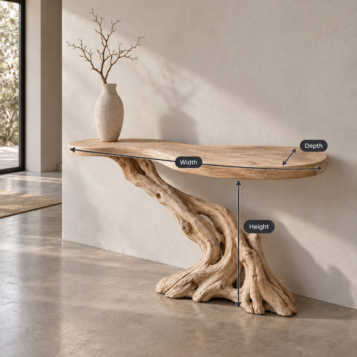 Cantilever-Root Solid Wood Console Table, Live Edge Rustic Driftwood Entryway Console Table, Narrow Sofa Table
