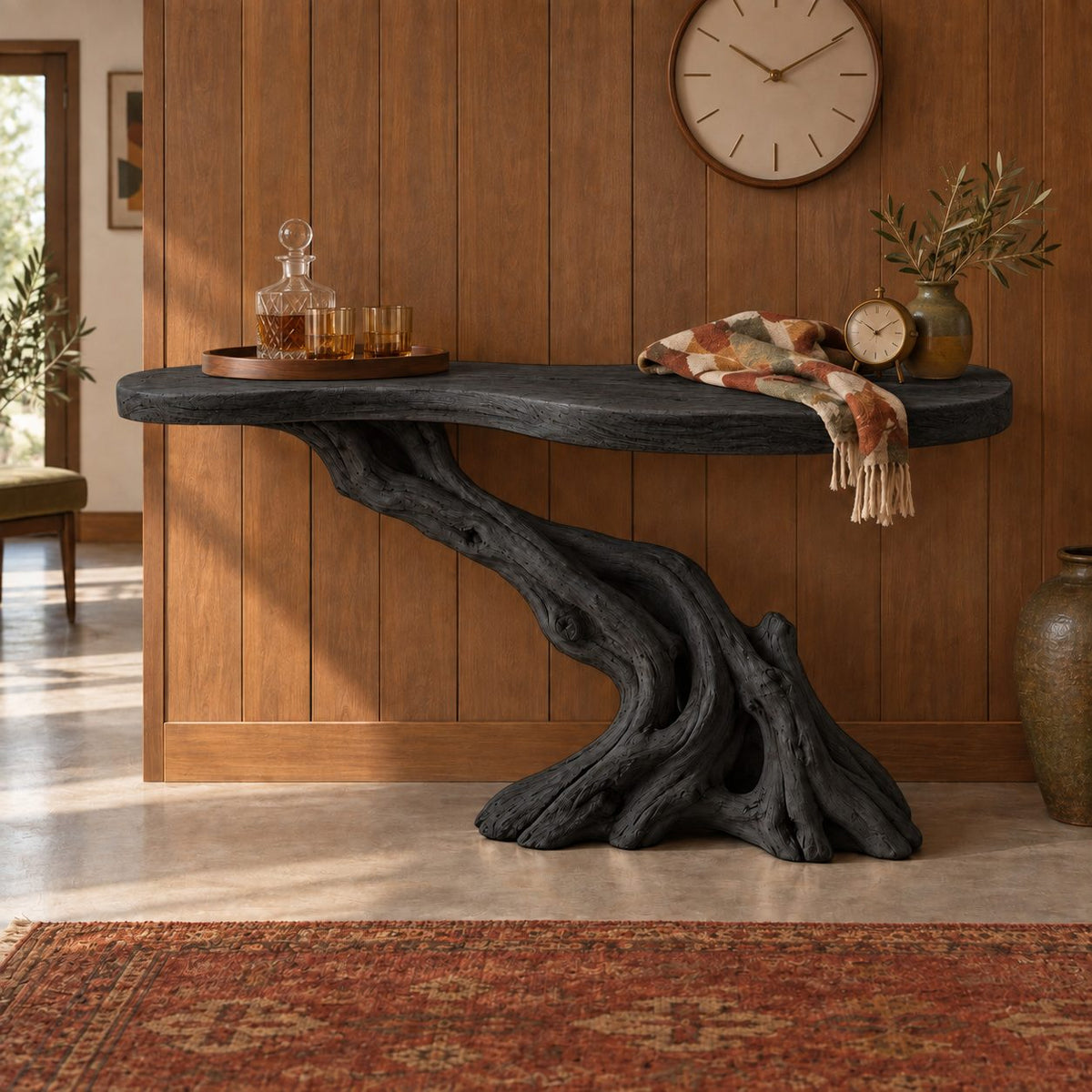 Cantilever-Root Solid Wood Console Table, Live Edge Rustic Driftwood Entryway Console Table, Narrow Sofa Table