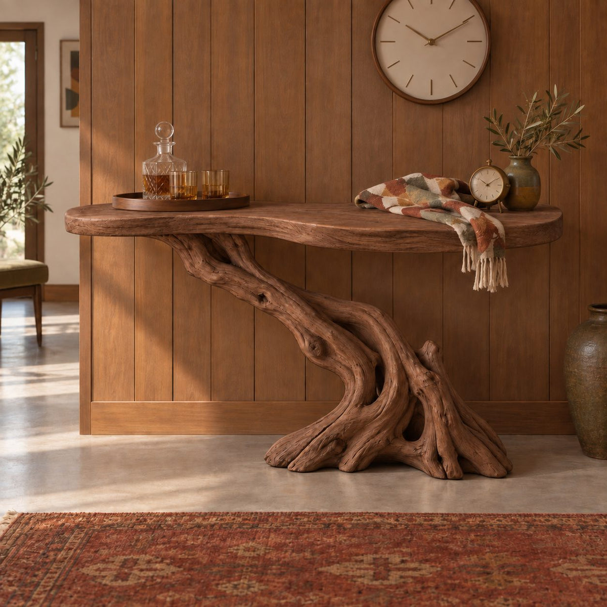 Cantilever-Root Solid Wood Console Table, Live Edge Rustic Driftwood Entryway Console Table, Narrow Sofa Table