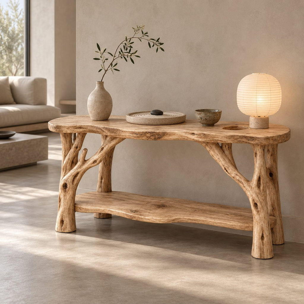 Branch-Leg Solid Wood Console Table, Live-Edge Sofa Table with Shelf for Entryway & Living Room