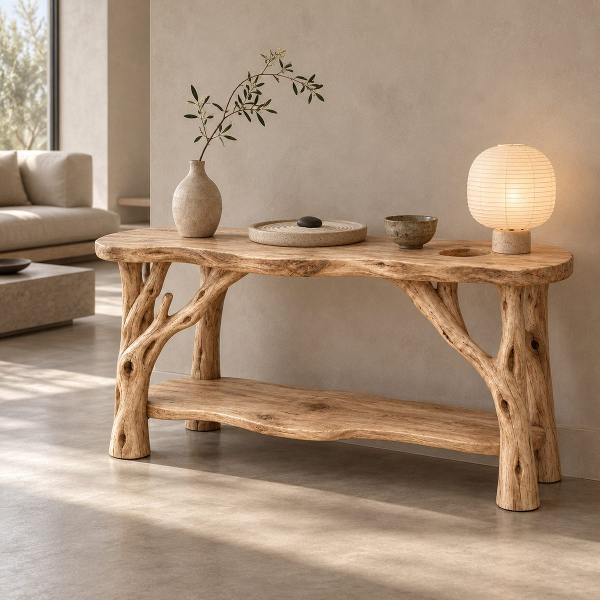 Branch-Leg Solid Wood Console Table, Live-Edge Sofa Table with Shelf for Entryway & Living Room