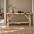 Branch-Leg Solid Wood Console Table, Live-Edge Sofa Table with Shelf for Entryway & Living Room