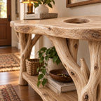 Branch-Leg Solid Wood Console Table, Live-Edge Sofa Table with Shelf for Entryway & Living Room