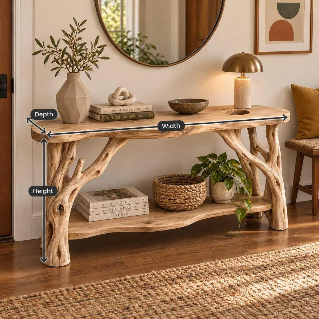 Branch-Leg Solid Wood Console Table, Live-Edge Sofa Table with Shelf for Entryway & Living Room
