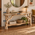 Branch-Leg Solid Wood Console Table, Live-Edge Sofa Table with Shelf for Entryway & Living Room