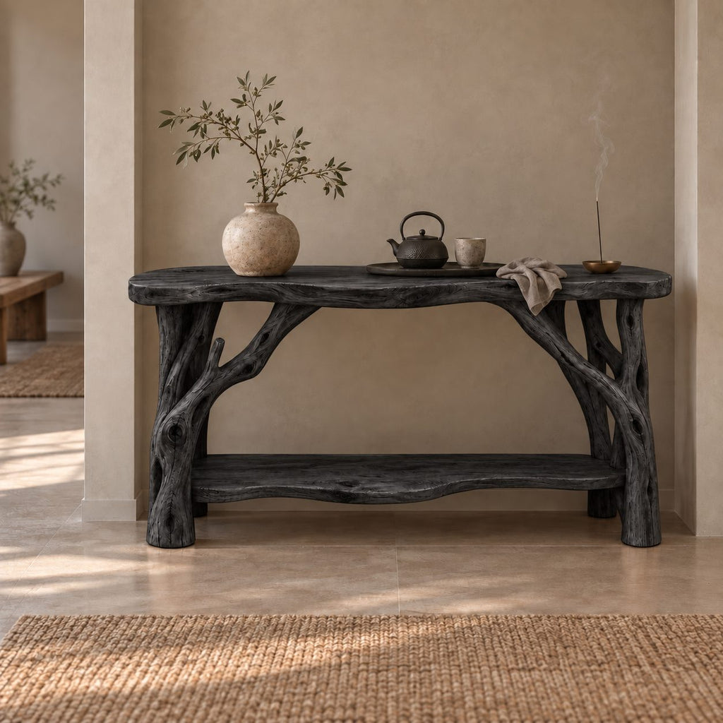 Branch-Leg Solid Wood Console Table, Live-Edge Sofa Table with Shelf for Entryway & Living Room