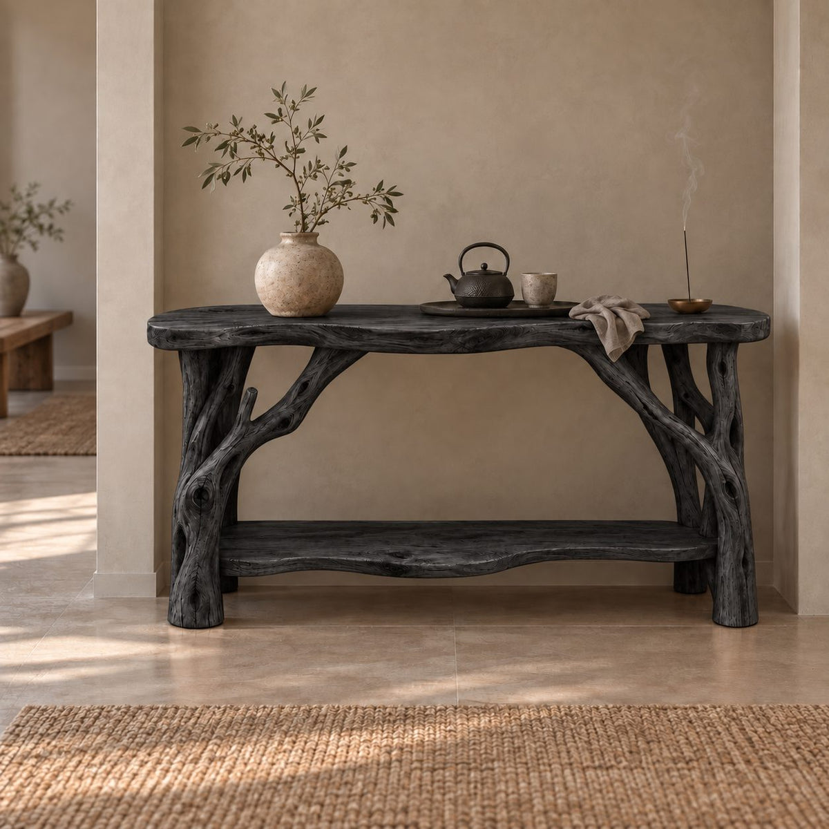 Branch-Leg Solid Wood Console Table, Live-Edge Sofa Table with Shelf for Entryway & Living Room