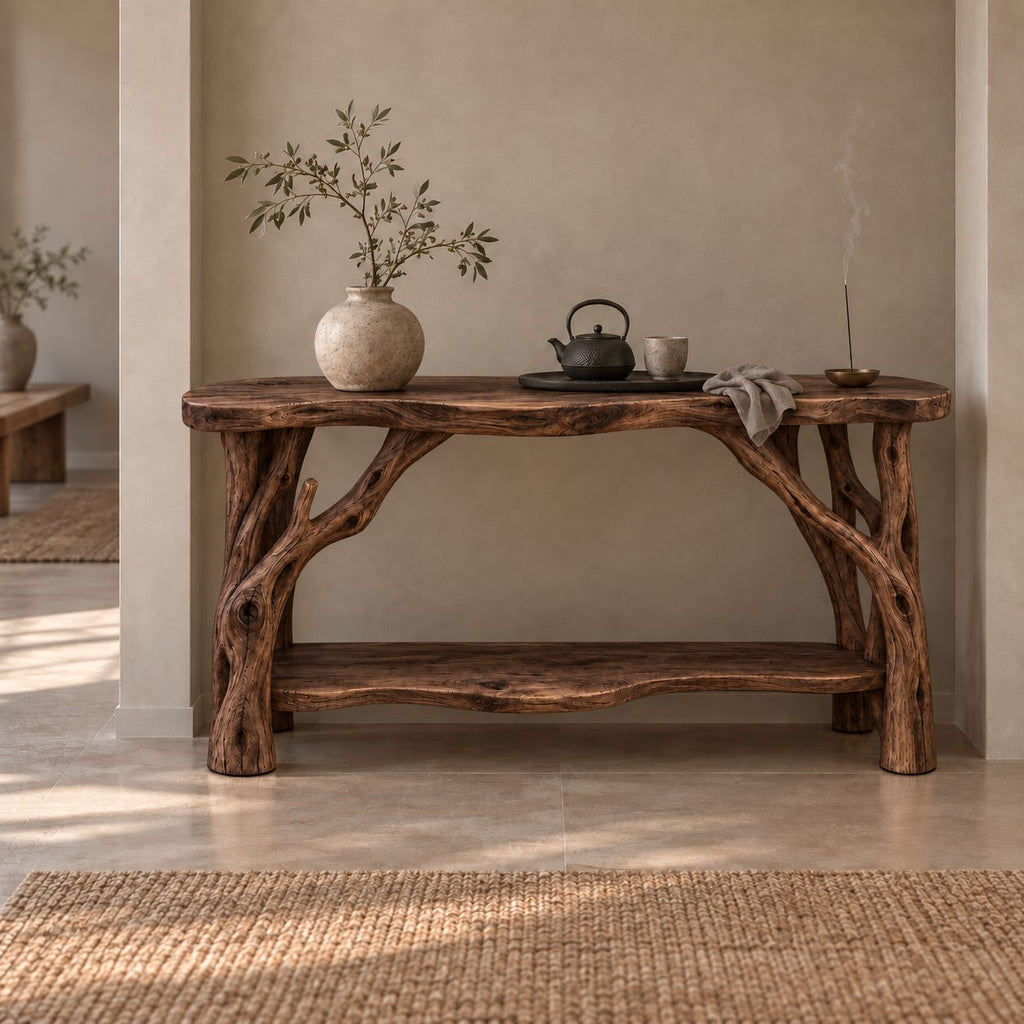 Branch-Leg Solid Wood Console Table, Live-Edge Sofa Table with Shelf for Entryway & Living Room
