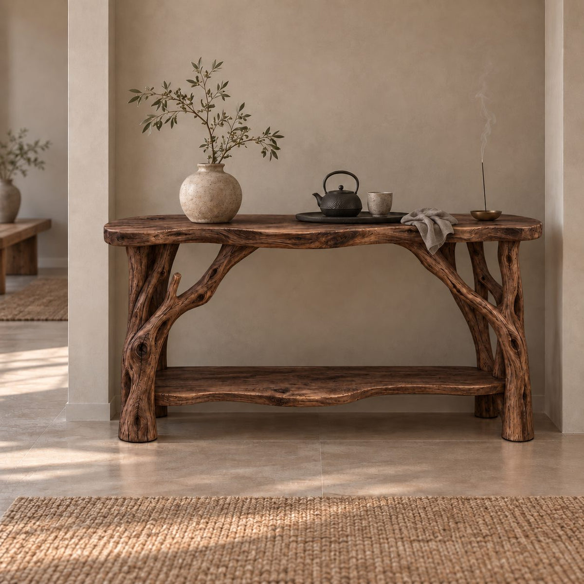 Branch-Leg Solid Wood Console Table, Live-Edge Sofa Table with Shelf for Entryway & Living Room