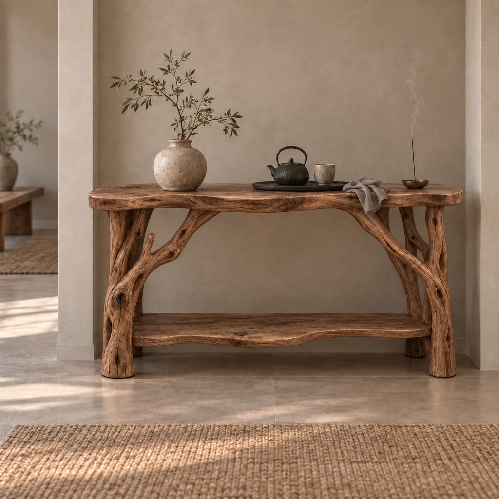 Branch-Leg Solid Wood Console Table, Live-Edge Sofa Table with Shelf for Entryway & Living Room