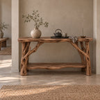 Branch-Leg Solid Wood Console Table, Live-Edge Sofa Table with Shelf for Entryway & Living Room