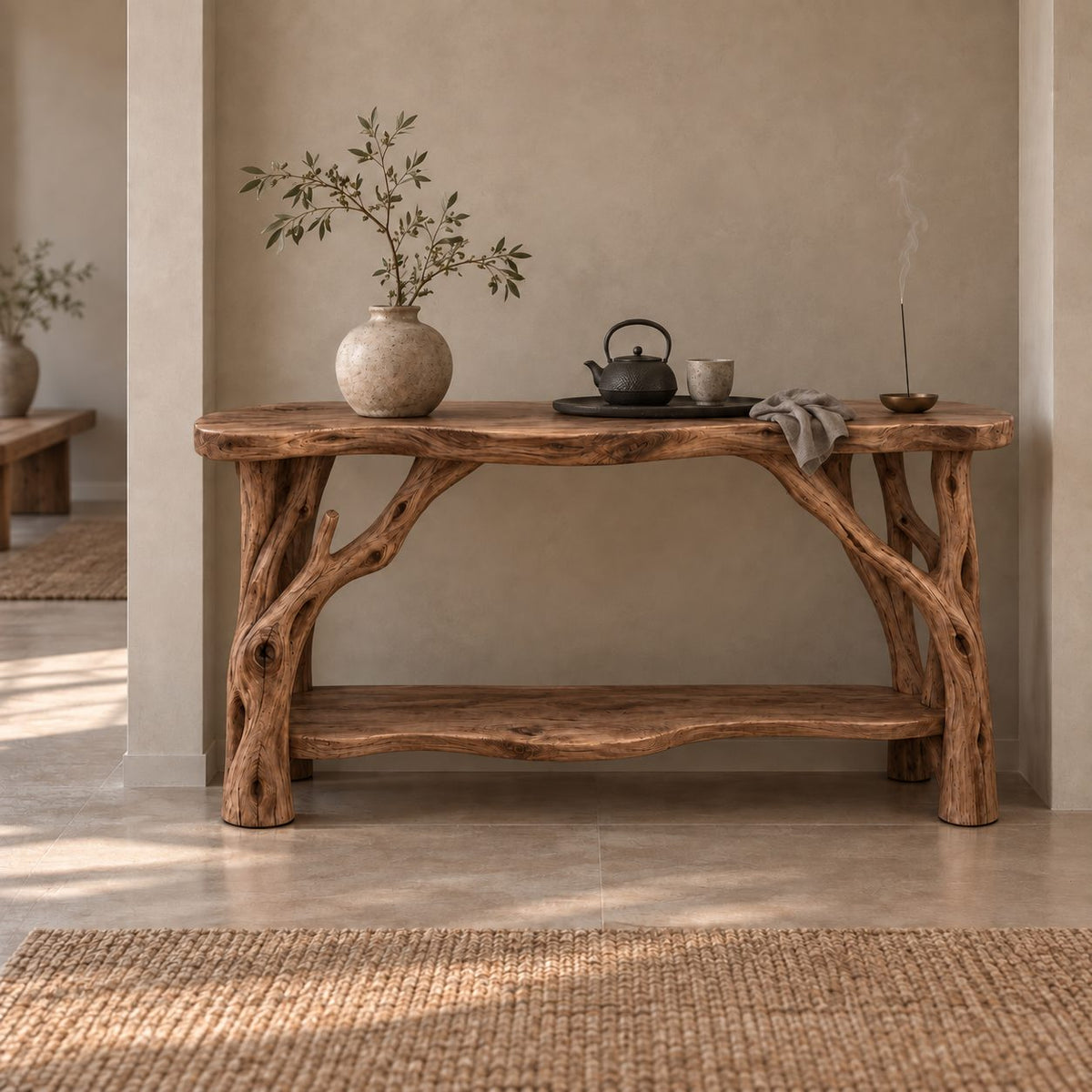 Branch-Leg Solid Wood Console Table, Live-Edge Sofa Table with Shelf for Entryway & Living Room