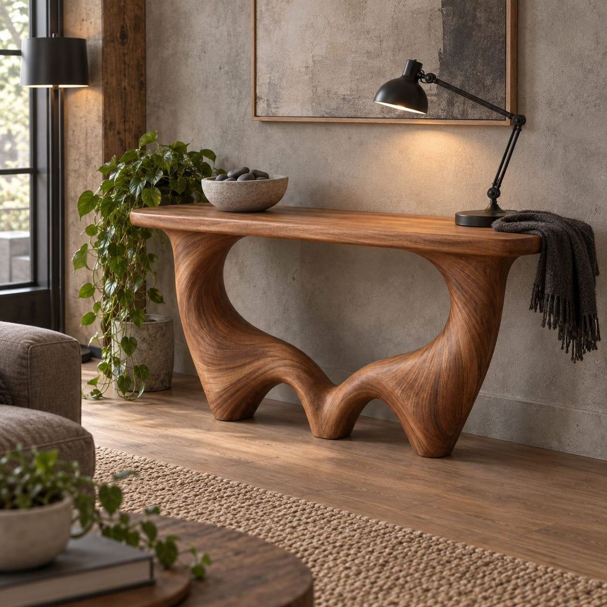 Wave-Base Solid Wood Console Table, Sculptural Arched Walnut Sofa Table for Hallway & Living Room