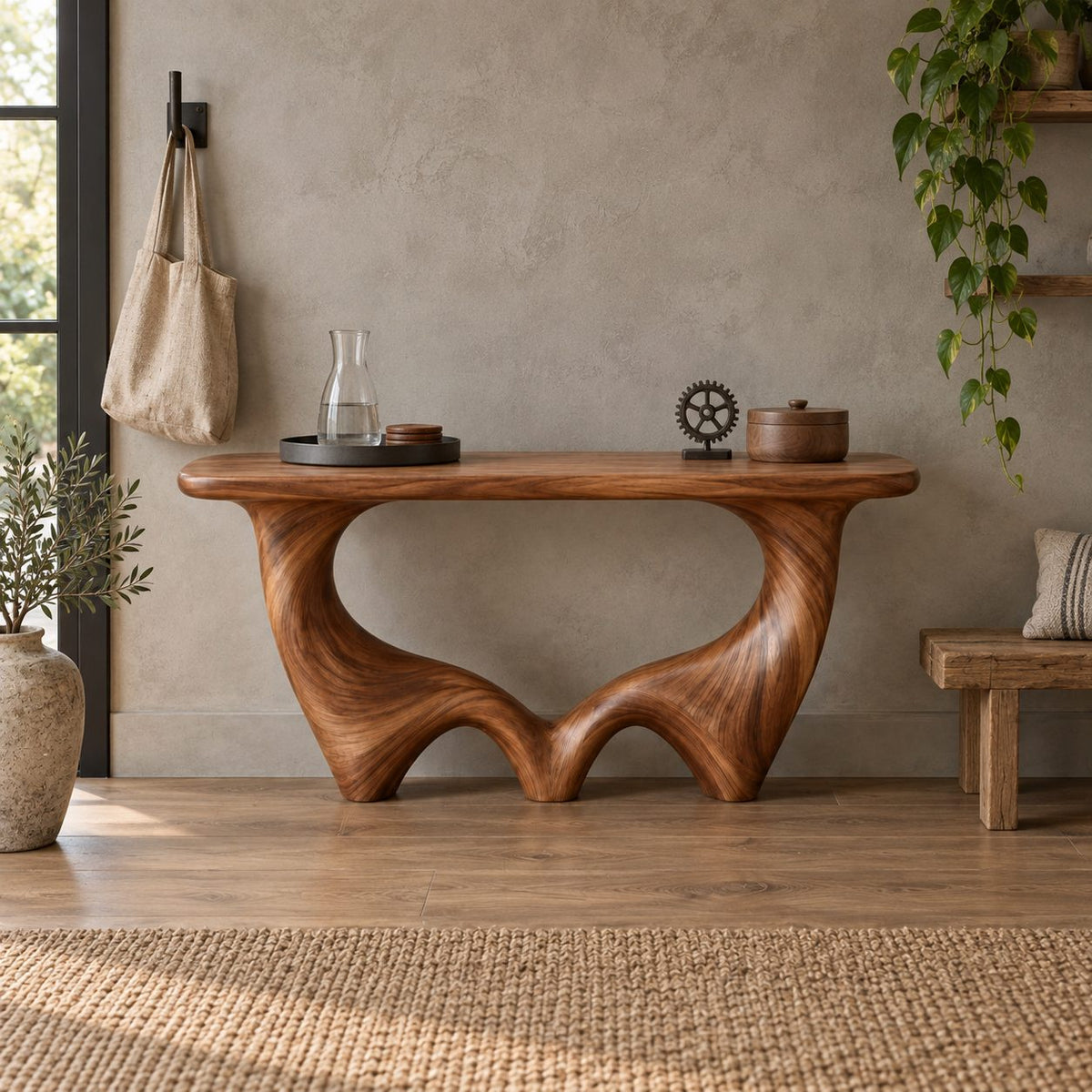 Wave-Base Solid Wood Console Table, Sculptural Arched Walnut Sofa Table for Hallway & Living Room