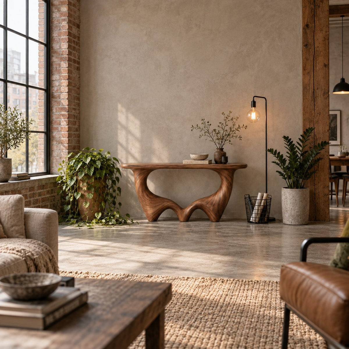 Wave-Base Solid Wood Console Table, Sculptural Arched Walnut Sofa Table for Hallway & Living Room