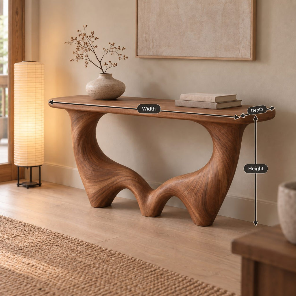Wave-Base Solid Wood Console Table, Sculptural Arched Walnut Sofa Table for Hallway & Living Room
