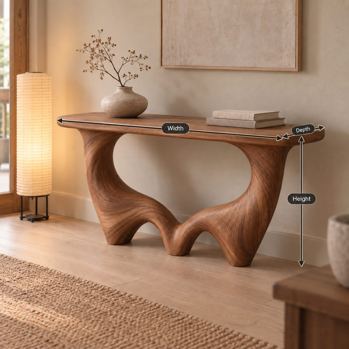 Wave-Base Solid Wood Console Table, Sculptural Arched Walnut Sofa Table for Hallway & Living Room