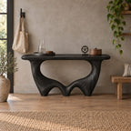 Wave-Base Solid Wood Console Table, Sculptural Arched Walnut Sofa Table for Hallway & Living Room