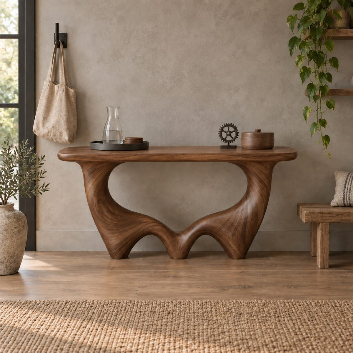 Wave-Base Solid Wood Console Table, Sculptural Arched Walnut Sofa Table for Hallway & Living Room