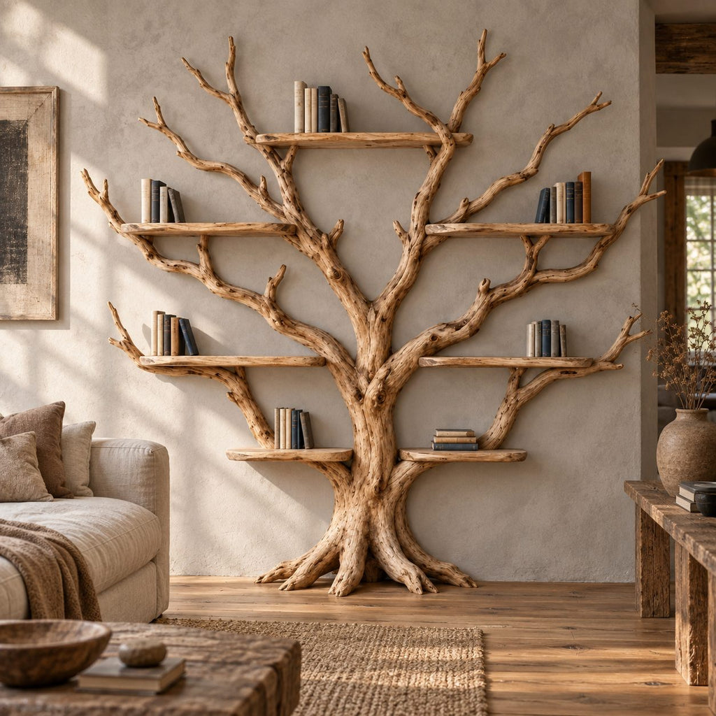 Spreading Tree-Branch Solid Wood Bookshelf - Wide Freestanding Bookcase for Living Room